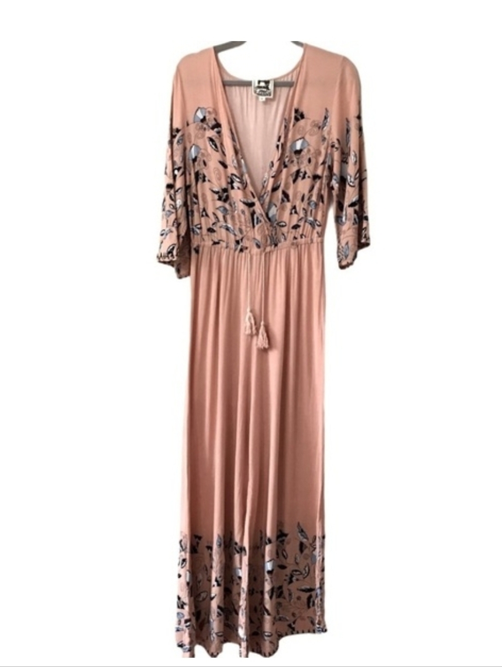 Jasse Boho Blush Floral V-Neck Wide Leg Jumpsuit. Size Large  (Runs Small)